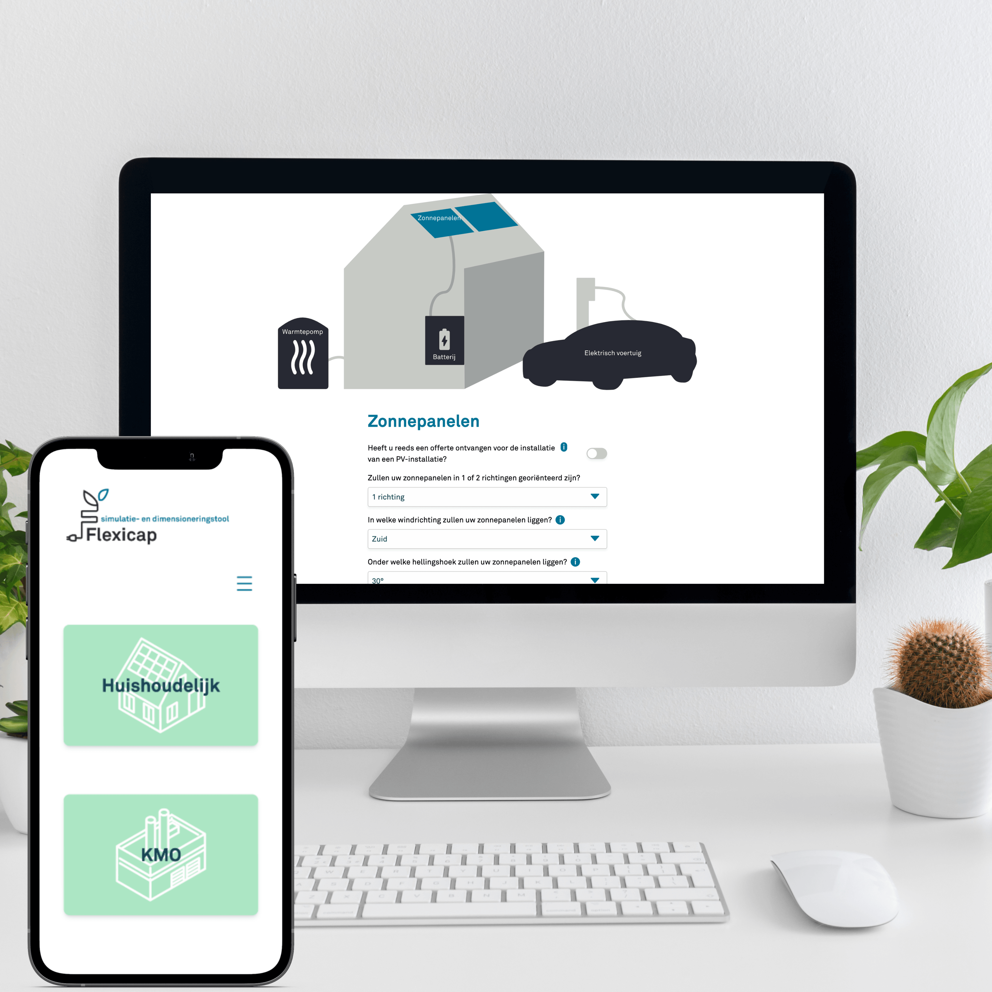 Flexicap zonnepanelen configuratie op desktop en keuze tussen huishoudens en KMO's op mobiel