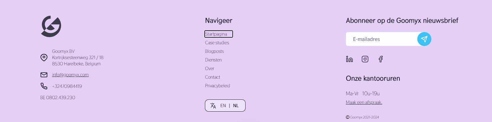 Goomyx website footer with focus border on "Startpagina"