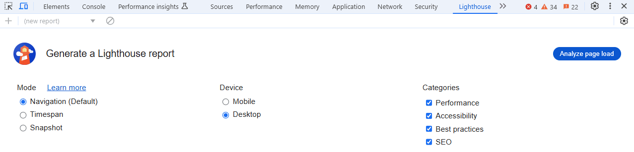 Lighthouse in Chrome Dev tools